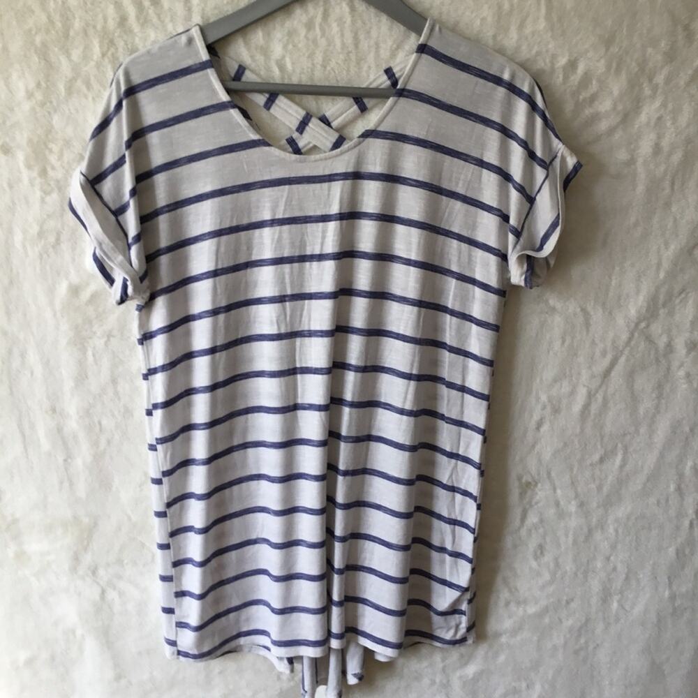 Chico's White and Blue Striped Crisscross Back Hi/Lo Tunic